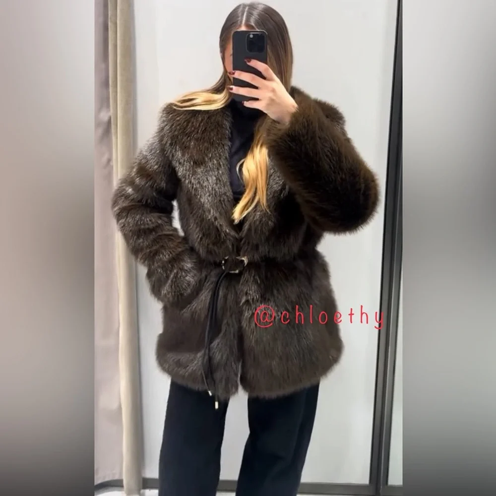 Zara FAUX FUR COAT WITH BELT - Picture 10 of 13